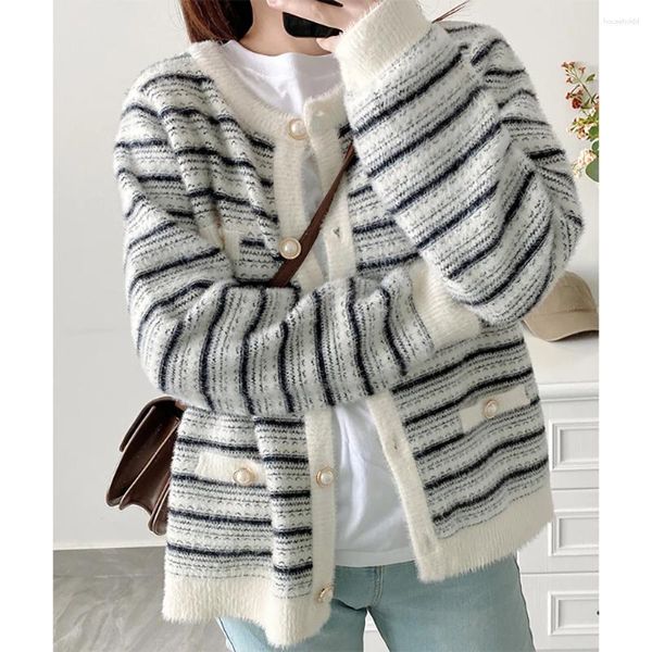 Kadın Örgü Kadın Çizgili hırka Paltolar İlkbahar Sonbahar Uzun Kollu Yumuşak Örme Ceketler Dış Giyim Sahte Mink Pleece Sweater