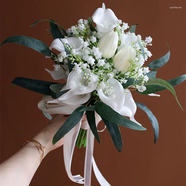 Свадебные цветы nzuk calla lily flower bride bouquet brooch шелковая лента Buque de noiva para casamento mariage