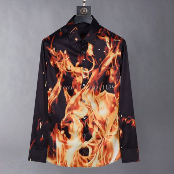 Luxus Seidenflamme bedruckte Hemd Männer Langarm Business Casual Shirt Soziales Bankett Nachtclub Shirts Streetwear Männer Kleidung