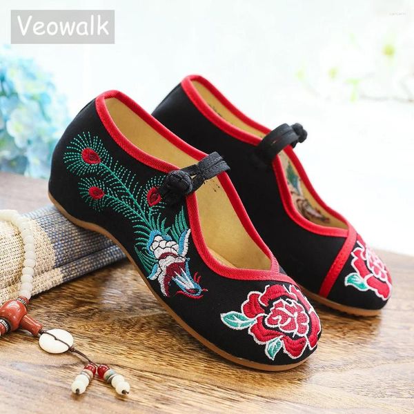 Sapatos casuais veowalk moda moda artesanal feminino de balé de pequim de pano tradicional bordado chinês para mulher