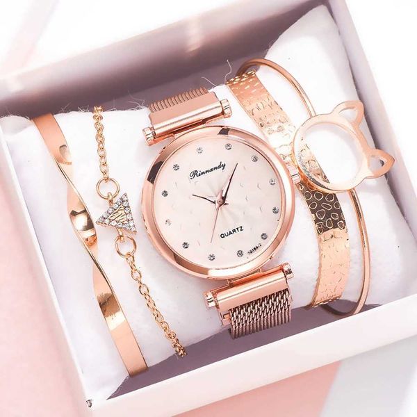 Pulseira de pulso 5pcs Bracelete es Set Moda Women Rose Gold Mesh Belt Wristes Quartz For Women Business Relógio Relógio Feminino D240430