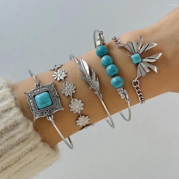 Pulseiras de link pulseira de pedra azul vintage conjunto de borboletas para mulheres clássicas de penas de flores Party de joias ajustáveis ​​5pcs/conjunto
