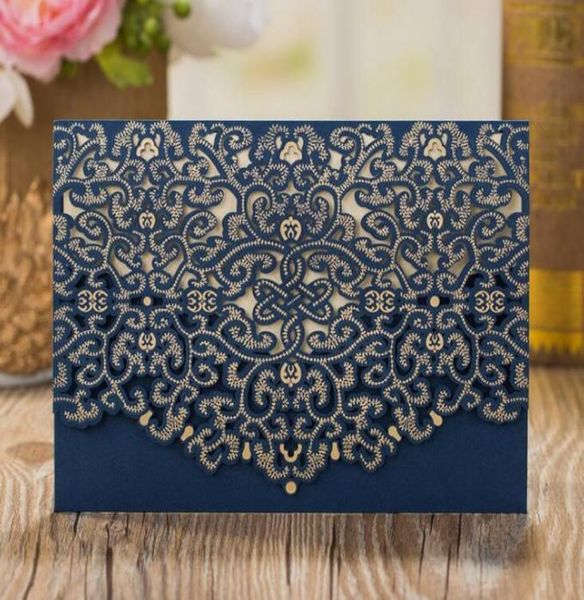 Navy Blue Laser Cutting Invitations Card Cartões de aniversário Kit de convite de festa com envelopes 50 pcslot1113145