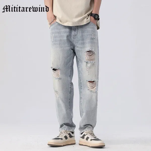 Jeans masculinos High Street Retro buraco para homens desgastados y2k lixo largura calça de jeans de perna larga calça de rua