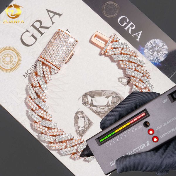 Tasarımcı JewelryLuxury İki Ton Gül Altın 15mm Klasik Moissanite Küba Bağlantı Zinciri Bilezik Gümüş 925 Buzlu Hip Hop Takı Küba Bilezik