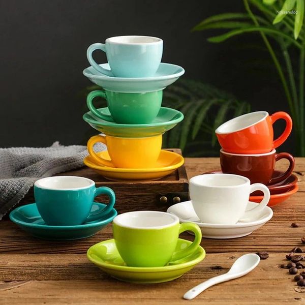 Xícaras pires de 75 ml de café de cerâmica colorido conjunto de café expresso de porcelana de chá de chá de café da manhã caneca de leite fofa canecas de cerâmica por atacado