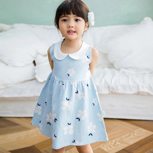 2023 Verão Girl Coreana Versão Korean sem mangas Peter Pan Collar Vestre Kids Cotton Linen Princess Baby Casual Sundress 240426