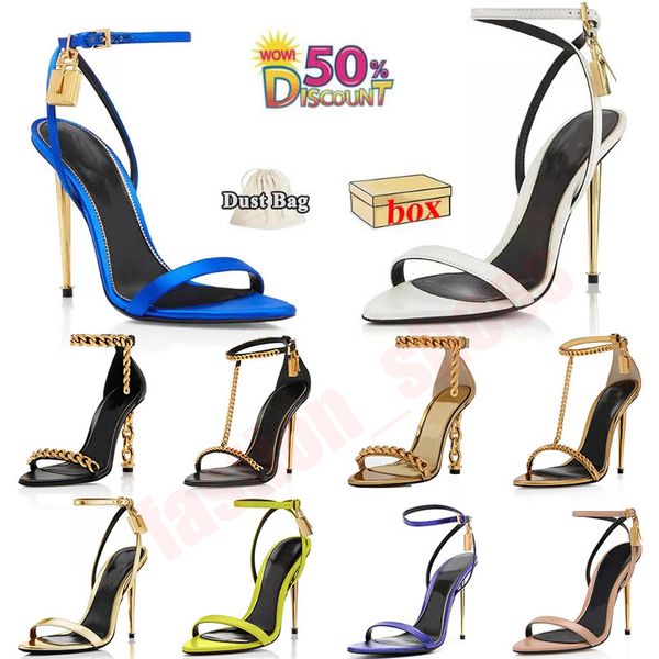 Designer Tomlies Fordlies Saltos Padlock Naked Sandal Pointy Shape Shape Sapatos Mulher Fuche