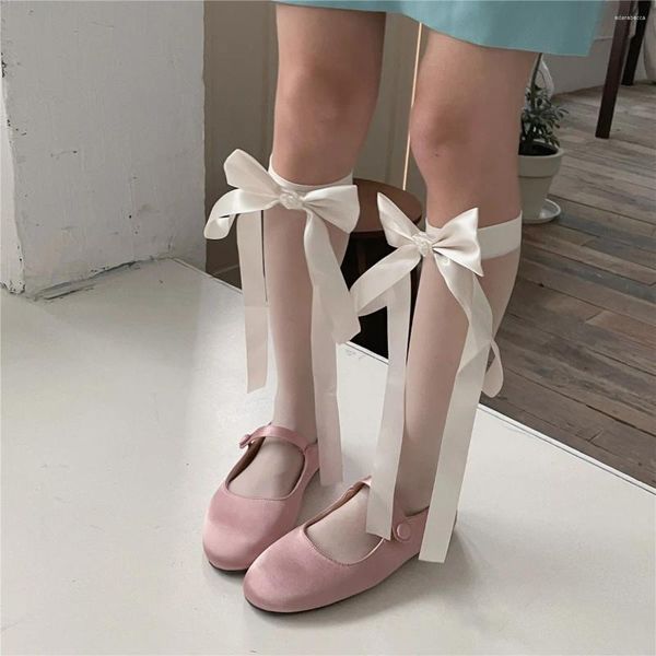 Women Socken Chic Ribbon Bow Perle Spitze Dünne Mesh weibliche Mädchen High Knie Girls süße transparente schwarze weiße weiße lolita kawaii strümpfen