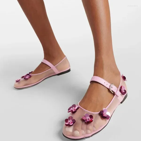 Sandálias Mulheres Flores cor de rosa 3D Senhoras causais bombas respiráveis meninas Middle Buckle Strap Sapatos de malha plana