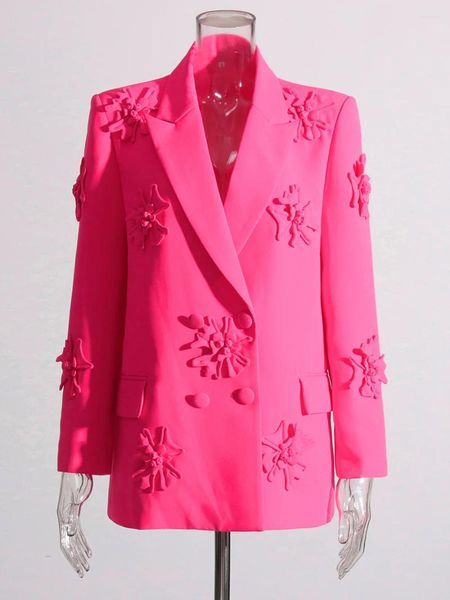 Frauenanzüge Fuchsia Blazer mit dreidimensionalen Blumen doppelte Blumenanzugjacke in Pink