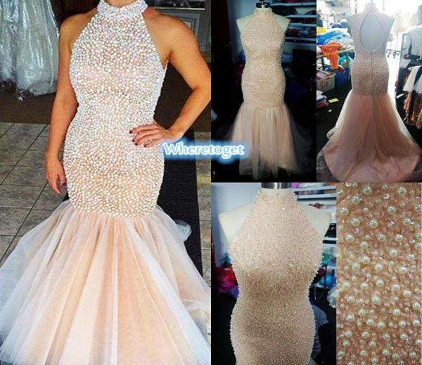 2019 Novo Halter High Neck Prom Vestidos de coral longo de coral aberto Back Top Pearls Rhinestones Tulle Mermaid Party Night Pageant D3223968