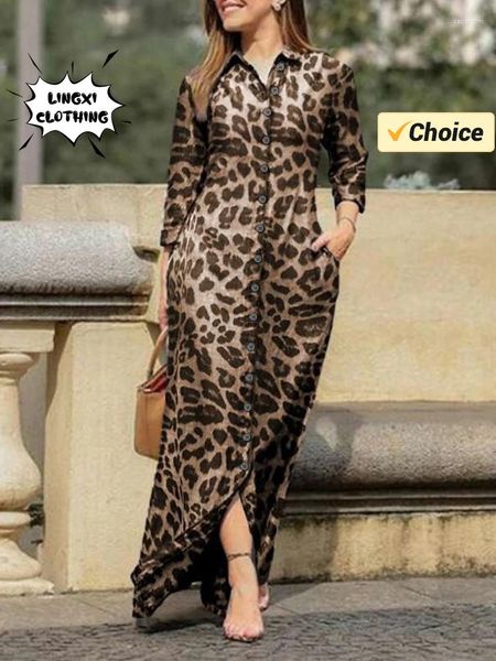 Abiti casual 2024 Summer Fashion Leopard Modello Donne's Abbigliamento Flip Collar Slim Fit Stilgo Long Retro Elegante Singo