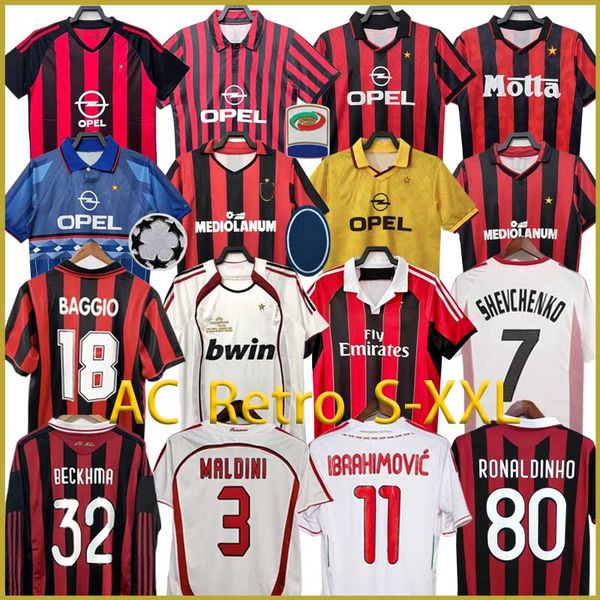 Jerseys de futebol retro Kaka AC Home Away Away Milans Manga Longa Baggio Maldini van Basten Pirlo Inzaghi Gullit Shevchenko Camisa vintage Classic Kit 93 94 Ronaldinho Baggio