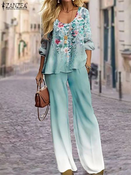 Bohemian Gradient 2pcs Suit Zanzea Women Flower Print Pant Siets Blouse and Pareler Autfit Spring Holiday Tracksuit 240430