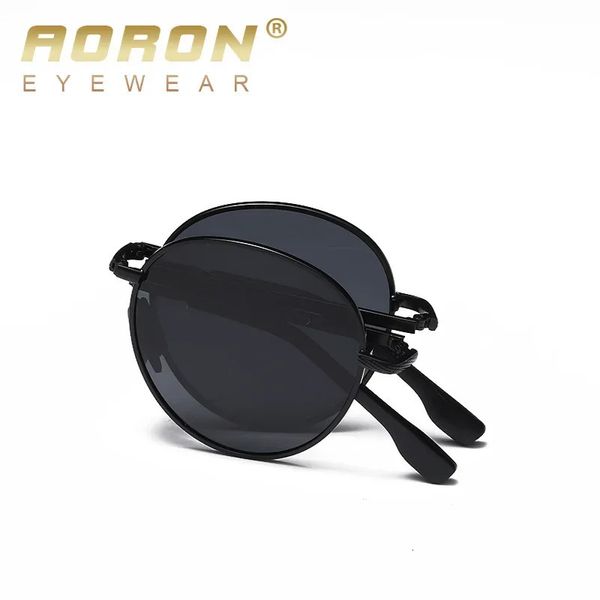 Óculos de sol polarizados aoron dobráveis lentes redondas clássicas homens homens de sol moldado de metal uv400 240417