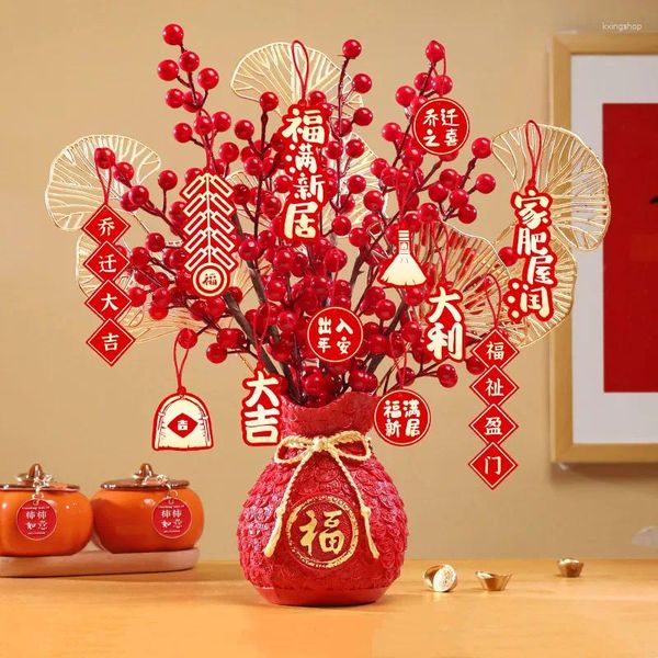 Estatuetas decorativas de decoração chinesa decoração cesta de flores de Natal galhos de bagas vermelhas e plantas artificiais mesa de jantar de casamento