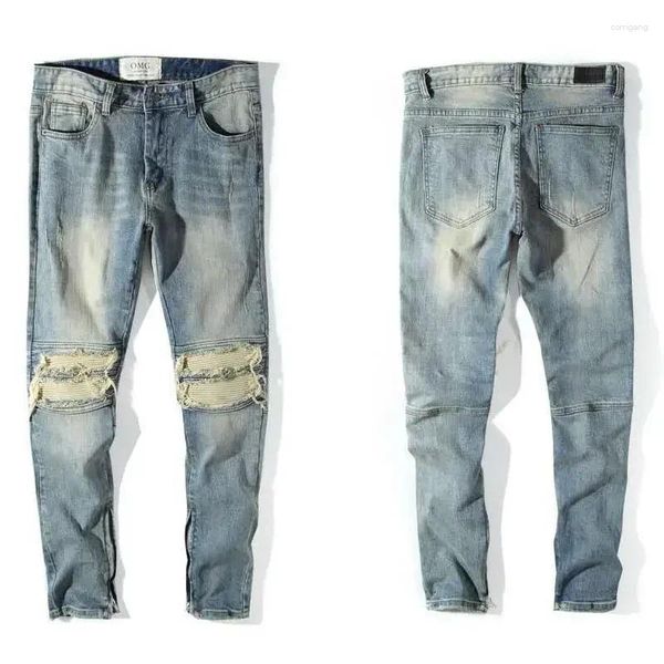 Erkekler kot pantolon kırılmış kırık pantolonlar adam kovboy pantolon yırtılmış konik cepler açık mavi yaz denim trend 2024 lüks xs