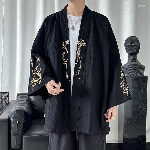 Herren lässige Hemden Männer Stickerei Lose japanische Streetwear Vintage Kurzarm Kimono Strickjacke Plus Größe Oberbekleidung Bluse