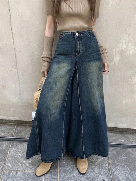 Etekler uzaylı kedicik 2024 A-line kadınlar şık denim sonbahar vintage gevşek iş giymek ofis bayan yüksek bel sokak kıyafeti slim