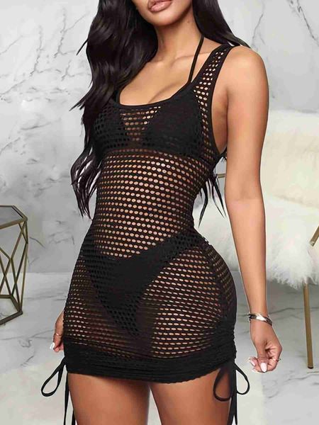 Women Beach Wear Hollow Net Net Drawess Cover Up Kleid ohne Bikini Solid Color High Stretch Scoop Hals Sexy Strand Deck -Deck -Damen Badebekleidung D240501