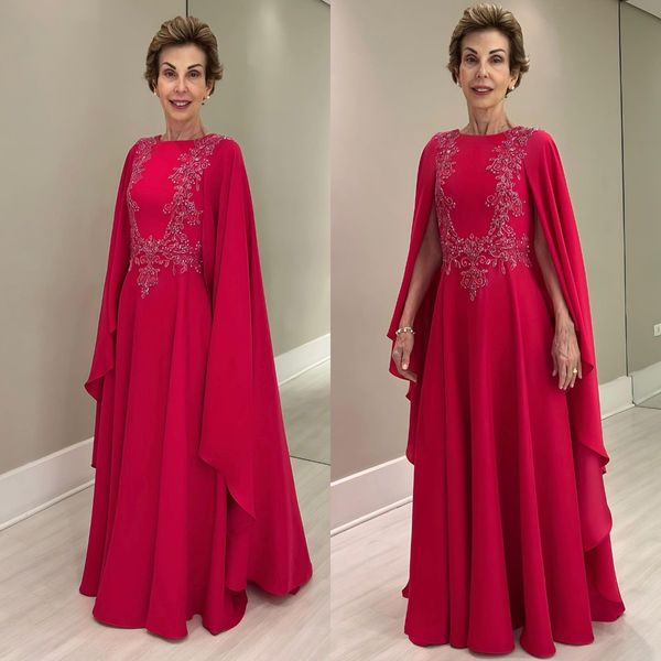 Elegante Fuchsia Mutter der Braut Kleider Juwelenhals Cape Hochzeit Gäste Kleid Perlen bodenlange Abendkleider