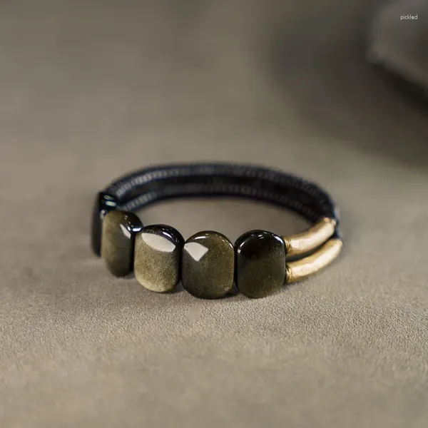 Strand Natrual Golden Obsidian Stone Bracciale in ottone Ebony Metal a due fili in rilievo femmina maschio romantico pace unisex yoga coppia gioielli