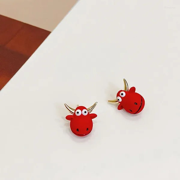 Hengses Ohrringe Chinese Zodiac Tier Ochse Kopf für Frauen Mädchen Geschenk Schmuck Trendy süßes rotes Lächeln Rinder winzig