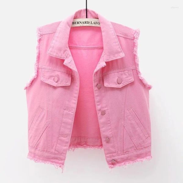 Frauenwesten koreanische Mode rosa weiße Jeansweste Slim Short Cowboy Weste Frühling Sommerfranzlättschaftsgefrätterte Jeans Jacke Mantel