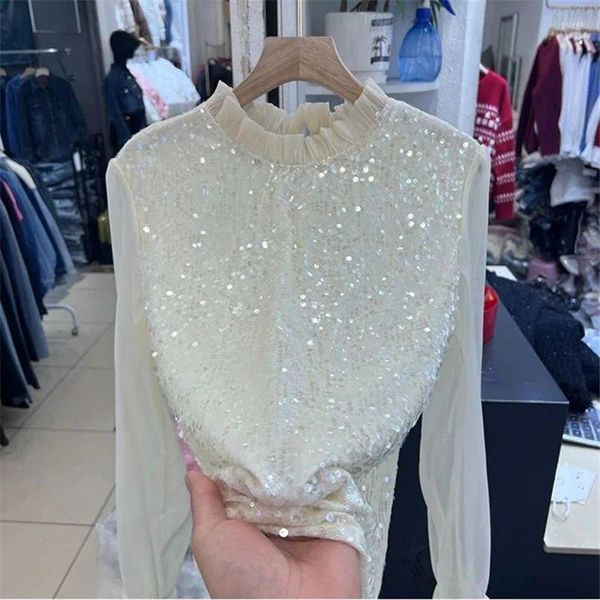 Damen Blusen gekräuselt Chiffon Langarmed Top Bottom Women Hemden Pailletten Kleidung koreanische Pailletten -Hemd -Hemdbluse