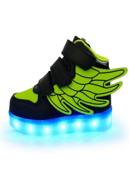 Creative Kids Shoes Light Lights Wings Sapatos USB Charging Light Up Girls 7 Cores Alterando luzes piscantes Sneakers1199476