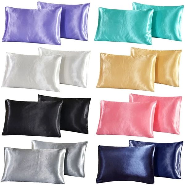 Queen Silk Satin Satin Pillow 2pcs Корпус постельное белье плавное дом белый черный серый хаки. Голубая розовая полоска 240428