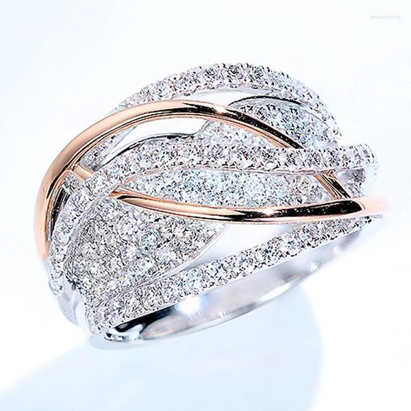 Anéis de casamento Huitan Ly projetou dois tons para mulheres de cor prata/rosa de ouro rosa Moda de luxo Jóias de festas