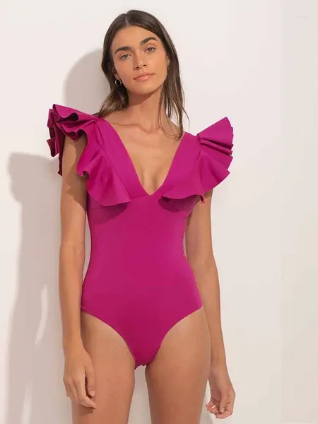V-образные сплошные рюша женская пляжная одежда летние купальные костюмы и купальные купальники купания костюмы для сексуальной моды 2024