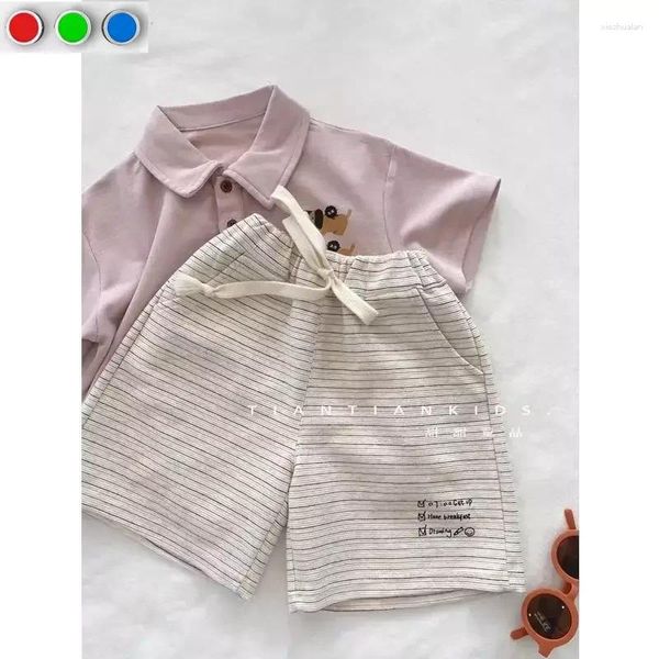 Roupas de roupas 1-7y Coreano bebê Roupas de verão meninos ao ar livre para crianças desenho animado rosa manga curta camisa pólo listrado 2pcs Conjunto