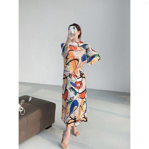 Vestidos casuais miyake feminino Moda plissada High Stretch Vintage Graffiti Color Print Sleeved Dress