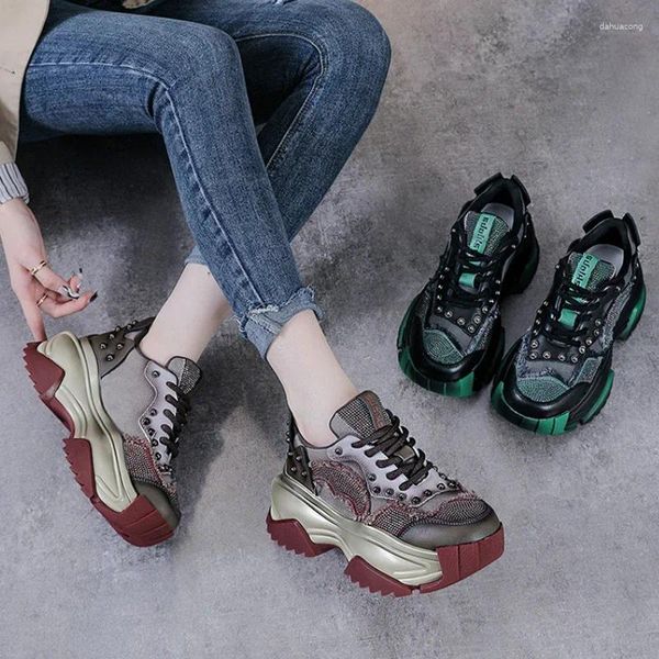 Повседневная обувь Krasovki 7cm Bling Fashion Chunky Sneakers Clate Women Women Spring Platform Wedge Boots с со стразами подлинная кожа осень