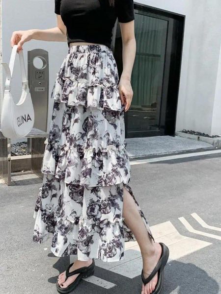 Signe 2024 Summer Flower Stampa split Cake Women Women corean Elastic High Welned Ruffles Long Woman Woman Casual A Line