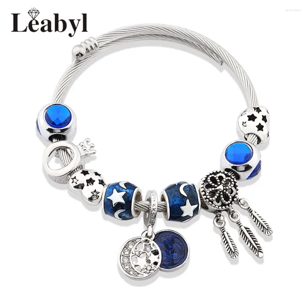 Bangle Classic Classic Blue Crystal Star Lua Charme Bracelet Silver Color Heart Crown Dream Catcher Bead Diy Jóias