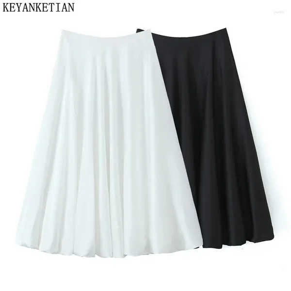 SKIRTS KEYANKETIAN 2024 Lançar elegante saia longa feminina zíper da cintura alta tornozelo de cor sólida Um vestido de bola de linha midi