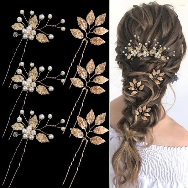 Haarclips 6pcs Blatt Perle Haarnadelhochzeit Accessoires Lady Festival Party Kopfstück Mode U-förmige Clip Beauty Schmuck Schmuck