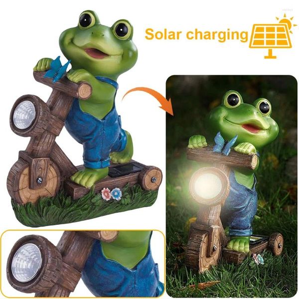 Decorações de jardim estátua de sapo resina com modelo de ciclismo de luz solar Animal fofo para pátio decoração de pátio