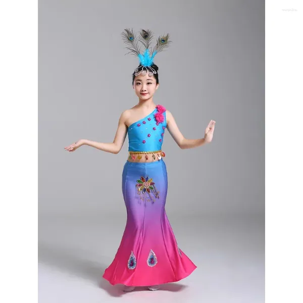 Стадия носить дети Dai Peacock Dance Costumes одежда для девочек маленькое платье с блестками рыбьего хвоста