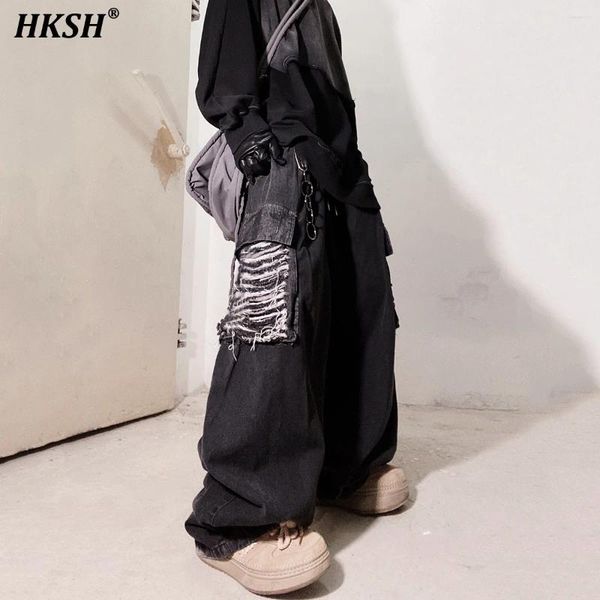 Jeans maschile Hksh Spring High Street Casual Hip Hop Punk Pants Retro Denim Pants Wide Leg Hole Mashion Tide Chic Caluser HK0925