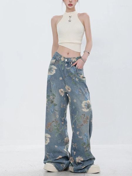 Jeans feminina Moda impressa 2024 Retro Floral Denim Mapping Troushers Style Style High Street Loose Hip Hop calça Jean de perna larga