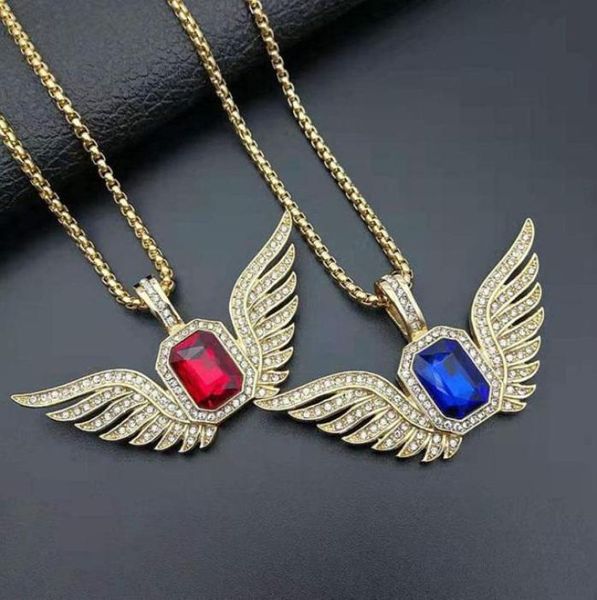 Colares pendentes de coloração dourada de hip hop decote de zircônia cúbica pavimentada bling gelo de anjo pingente pingente colar para homens rapper jewe1955693