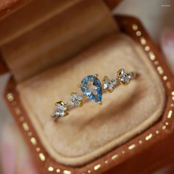 Anelli a grappolo aiutante a mano Made 925 sterling in argento per donne goccia d'acqua blu marino cristallo di cristallo di San Valentino di San Valentino anello CZ scintillante regolabile