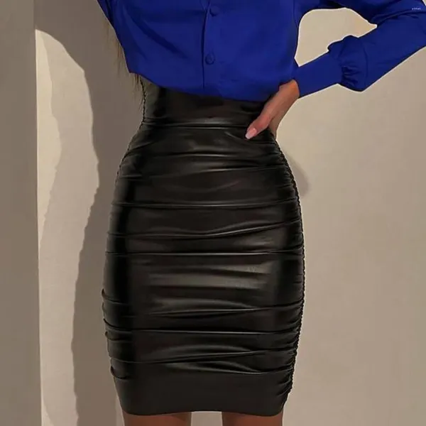 Signe con pieghe ad alta vita Solido più dimensioni per le donne 2024 PU Bodycon Gonna Midi Abbigliamento femminile Trend Faldas Pajeres