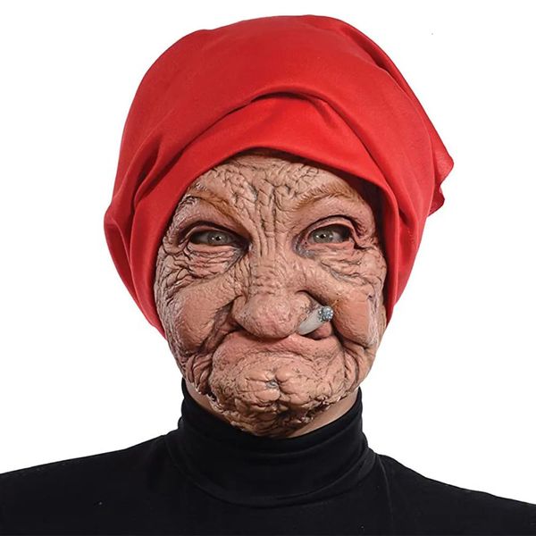 Fumando engraçado Granny Old Nana Latex Mask Lady avó com rosto enrugado e máscaras de lenço vermelho, fantasia de festa de Halloween adereços 240430