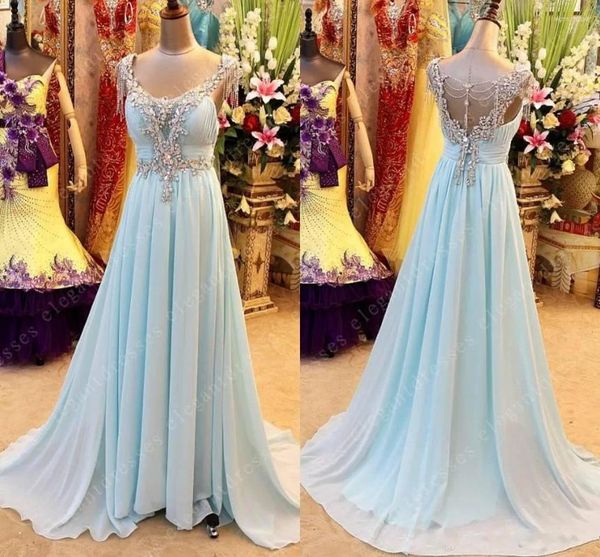 Partykleider Sky Blue Long luxuriöser kristallperlen chiffon prom Backloses Abendkleid Vestidos de noiva 2024 Sonderanfertigung gemacht